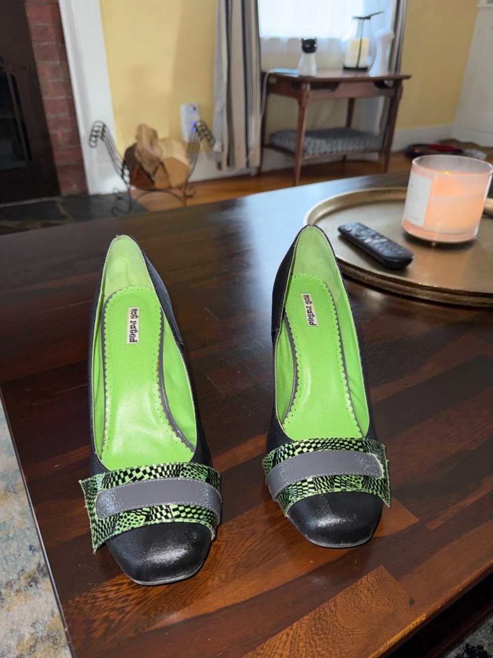 Not Rated Black Pumps with Neon Green Insole and Green Patterned Strap